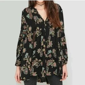 Free People Hippie Peasant Tunic Black Floral Goth Boho 60s Poet Sleeve Long Top